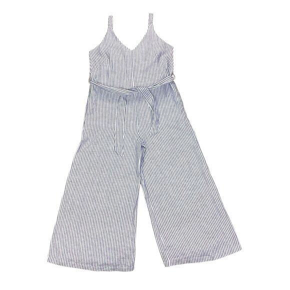Vitamin A Wide Leg Linen Jumpsuit Womens M Blue White Seersucker Nautical Beachy - Picture 1 of 16